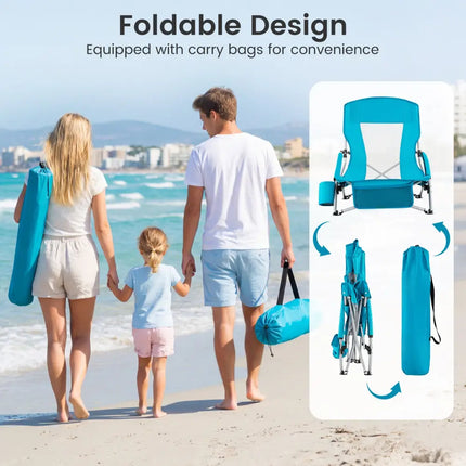 Folding Beach Chairs Set of 2 Portable Lightweight Low Seat Chairs with Padded Armrests-Blue - Blue - Beach & Lawn