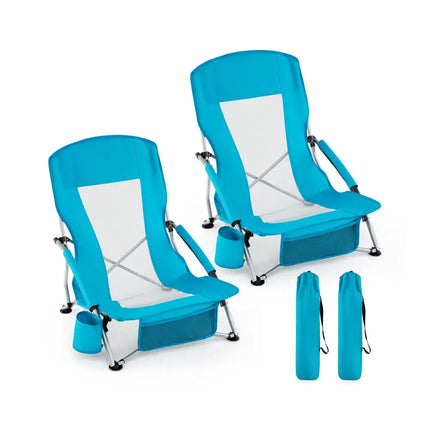 Folding Beach Chairs Set of 2 Portable Lightweight Low Seat Chairs with Padded Armrests-Blue - Blue - Beach & Lawn