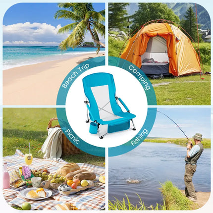 Folding Beach Chairs Set of 2 Portable Lightweight Low Seat Chairs with Padded Armrests-Blue - Blue - Beach & Lawn
