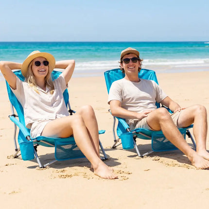 Folding Beach Chairs Set of 2 Portable Lightweight Low Seat Chairs with Padded Armrests-Blue - Blue - Beach & Lawn
