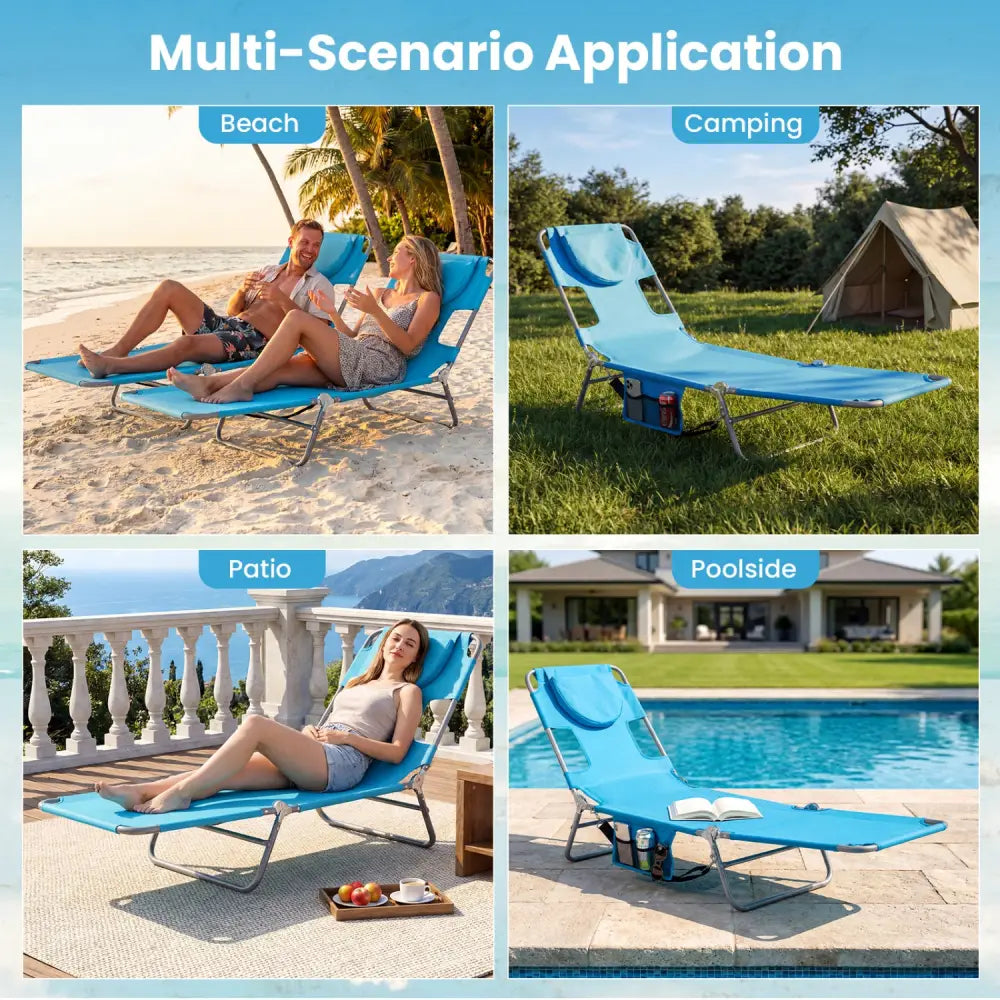Folding Beach Lounge Chair with Adjustable Backrest for Lawn-Turquoise - Turquoise - Beach & Lawn Chairs