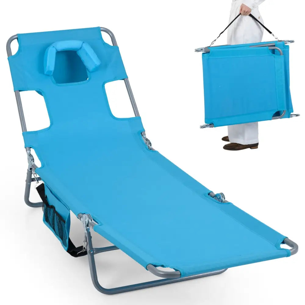 Folding Beach Lounge Chair with Adjustable Backrest for Lawn-Turquoise - Turquoise - Beach & Lawn Chairs