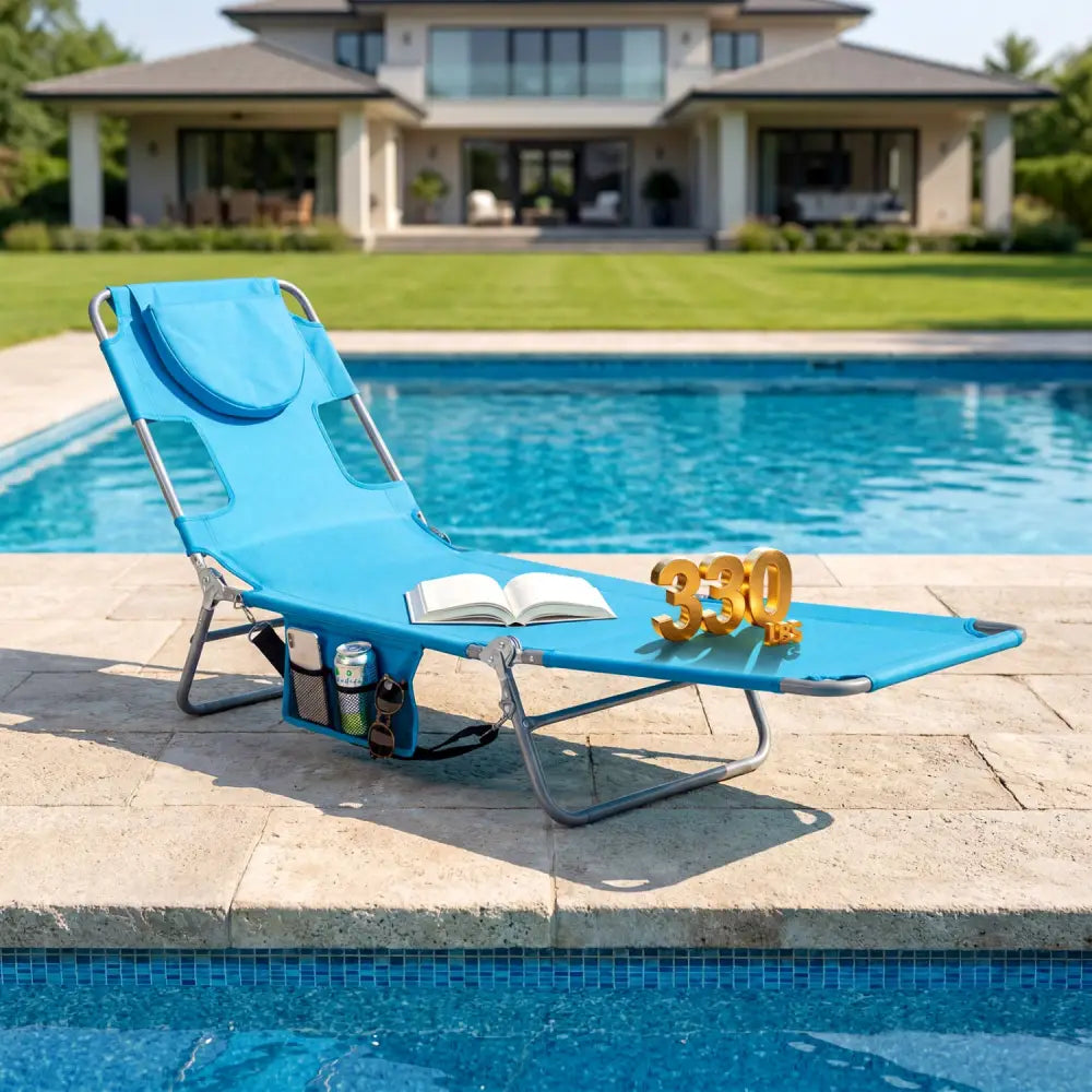 Folding Beach Lounge Chair with Adjustable Backrest for Lawn-Turquoise - Turquoise - Beach & Lawn Chairs