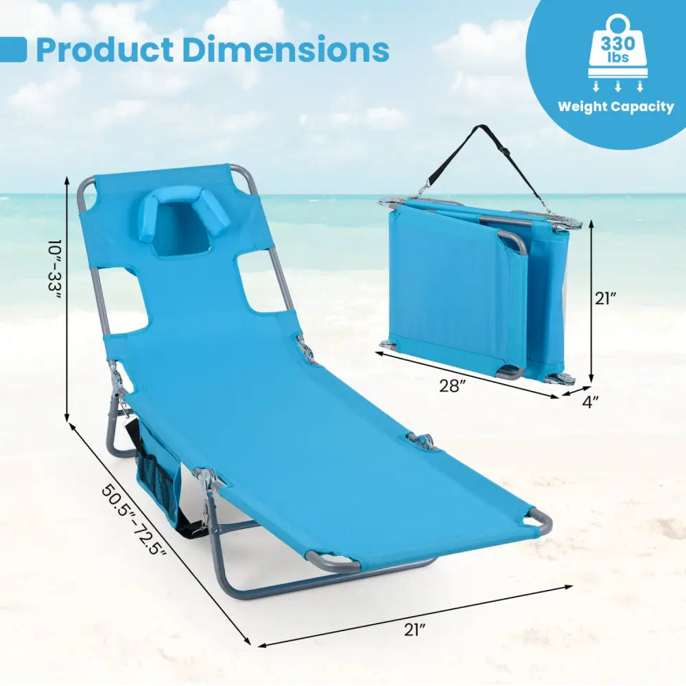 Folding Beach Lounge Chair with Adjustable Backrest for Lawn-Turquoise - Turquoise - Beach & Lawn Chairs