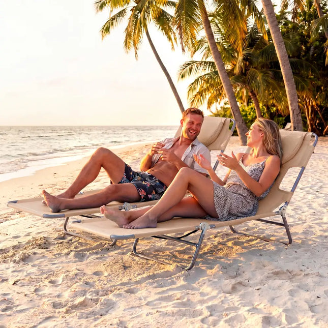 Folding Beach Lounge Chair with Adjustable Backrest for Lawn-Beige - Beige - Beach & Lawn Chairs