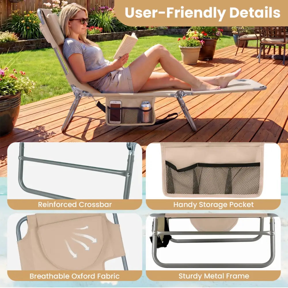 Folding Beach Lounge Chair with Adjustable Backrest for Lawn-Beige - Beige - Beach & Lawn Chairs