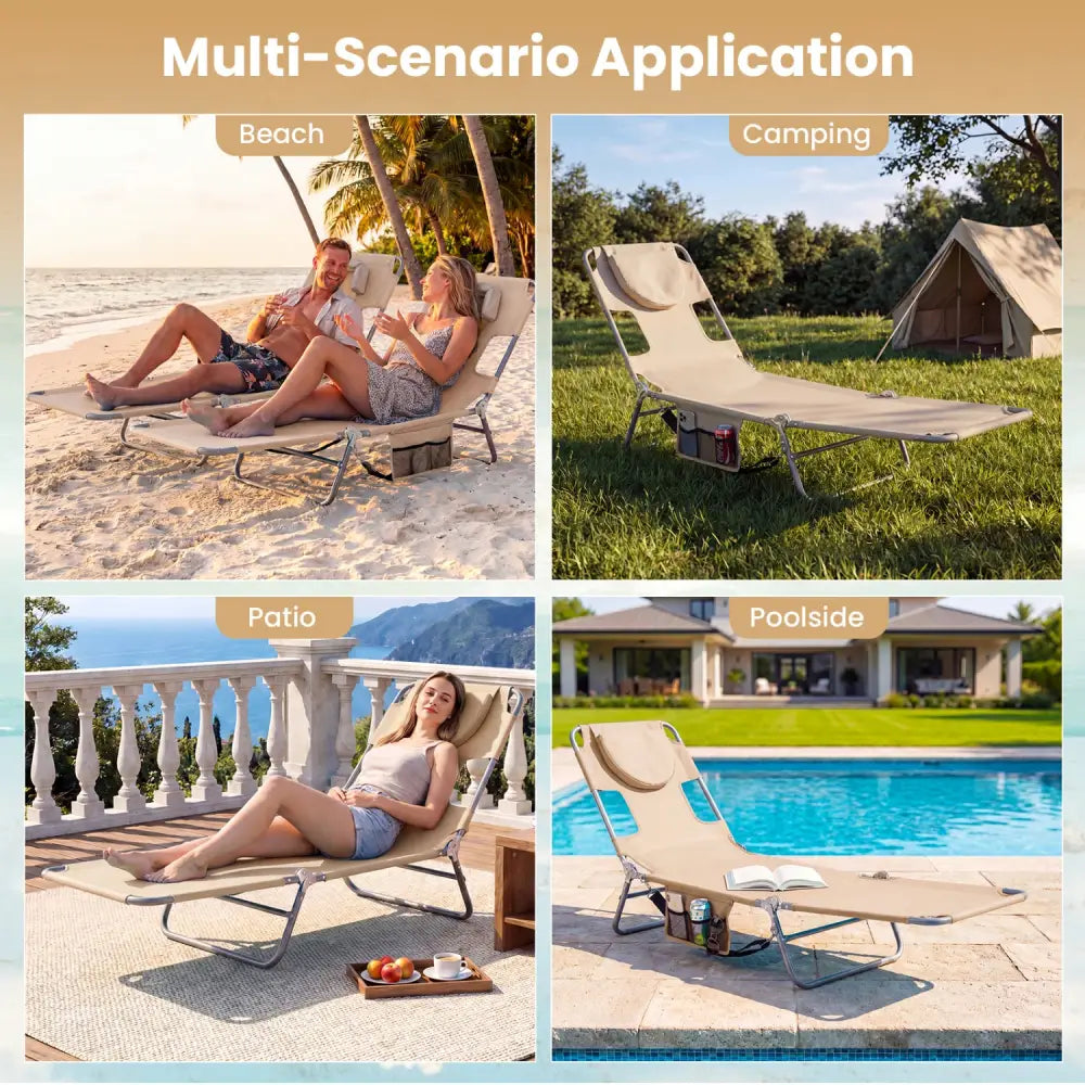 Folding Beach Lounge Chair with Adjustable Backrest for Lawn-Beige - Beige - Beach & Lawn Chairs