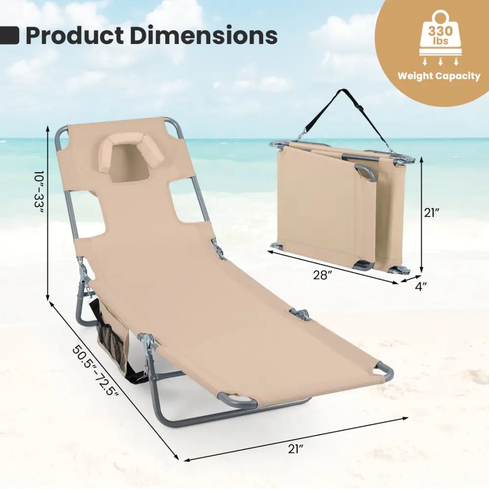 Folding Beach Lounge Chair with Adjustable Backrest for Lawn-Beige - Beige - Beach & Lawn Chairs
