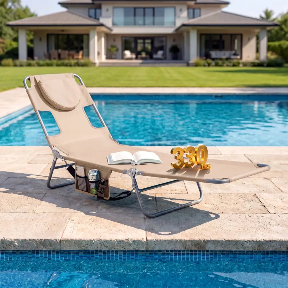Folding Beach Lounge Chair with Adjustable Backrest for Lawn-Beige - Beige - Beach & Lawn Chairs
