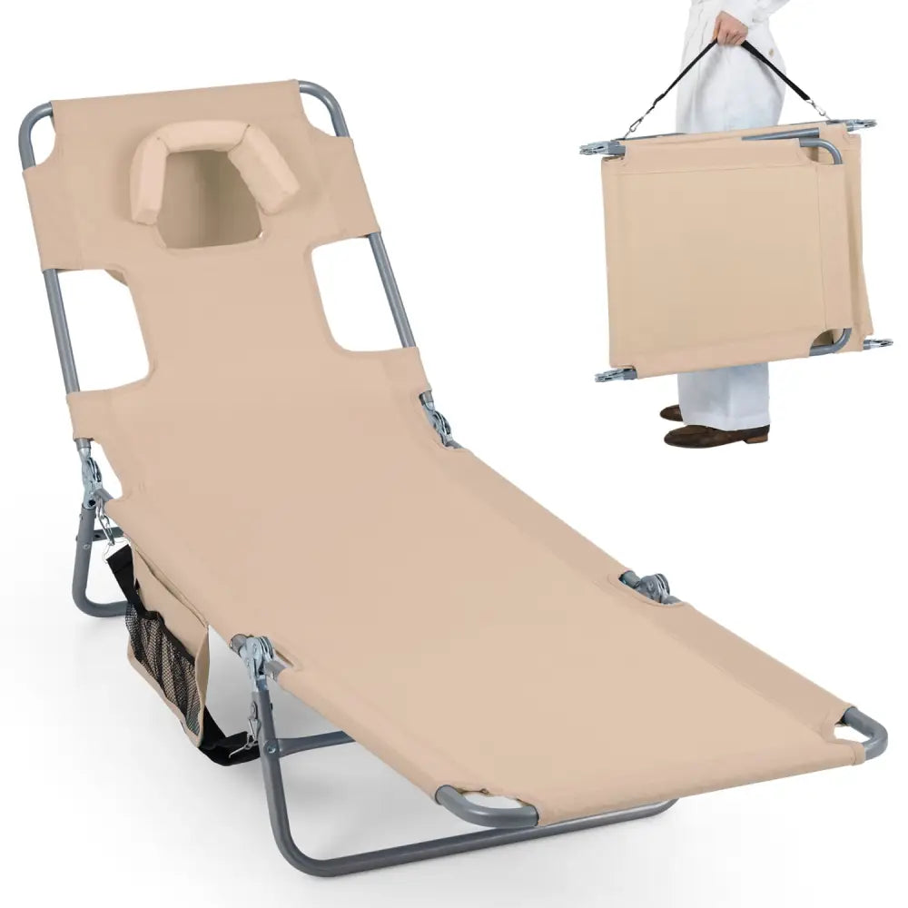Folding Beach Lounge Chair with Adjustable Backrest for Lawn-Beige - Beige - Beach & Lawn Chairs
