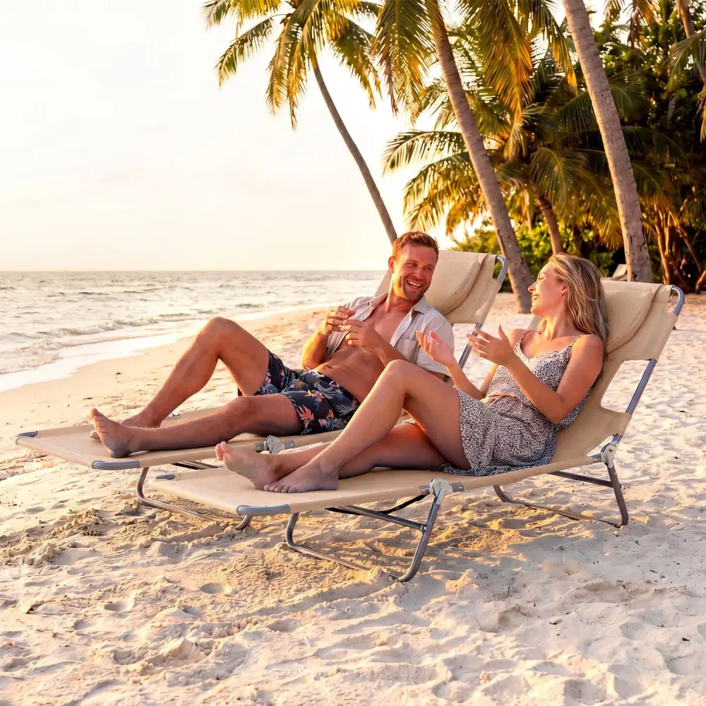 Folding Beach Lounge Chair with Adjustable Backrest for Lawn-Beige - Beige - Beach & Lawn Chairs