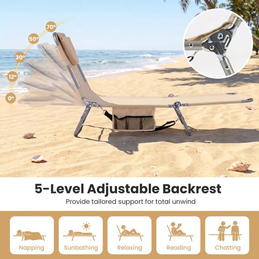 Folding Beach Lounge Chair with Adjustable Backrest for Lawn-Beige - Beige - Beach & Lawn Chairs