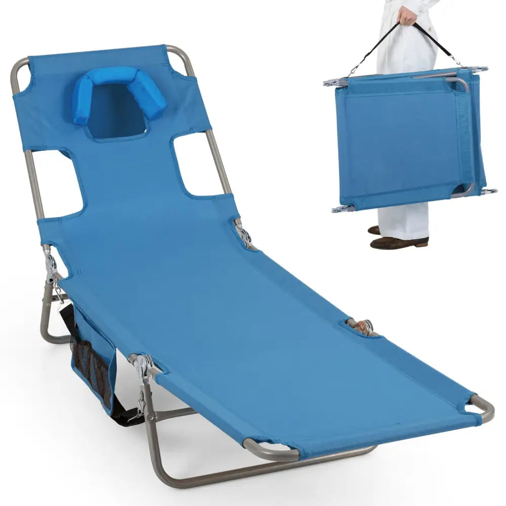 Folding Beach Lounge Chair with Adjustable Backrest for Lawn-Blue - Blue - Beach & Lawn Chairs