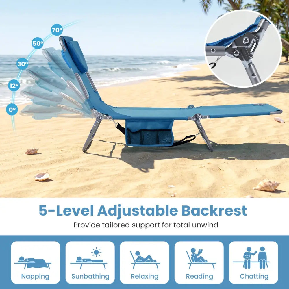 Folding Beach Lounge Chair with Adjustable Backrest for Lawn-Blue - Blue - Beach & Lawn Chairs