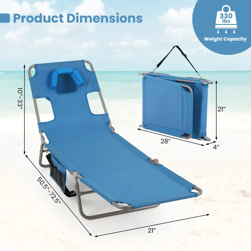 Folding Beach Lounge Chair with Adjustable Backrest for Lawn-Blue - Blue - Beach & Lawn Chairs
