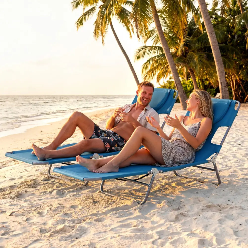 Folding Beach Lounge Chair with Adjustable Backrest for Lawn-Blue - Blue - Beach & Lawn Chairs
