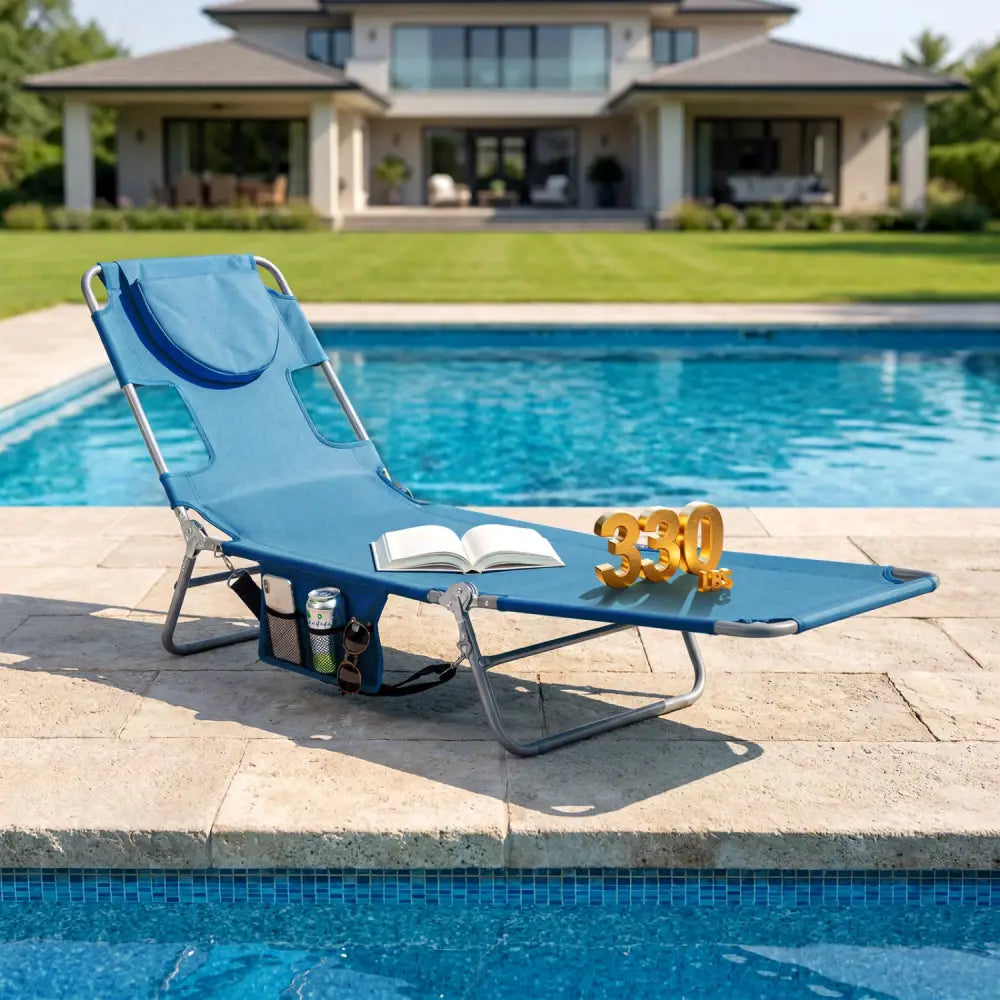 Folding Beach Lounge Chair with Adjustable Backrest for Lawn-Blue - Blue - Beach & Lawn Chairs