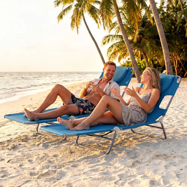 Folding Beach Lounge Chair with Adjustable Backrest for Lawn-Blue - Blue - Beach & Lawn Chairs