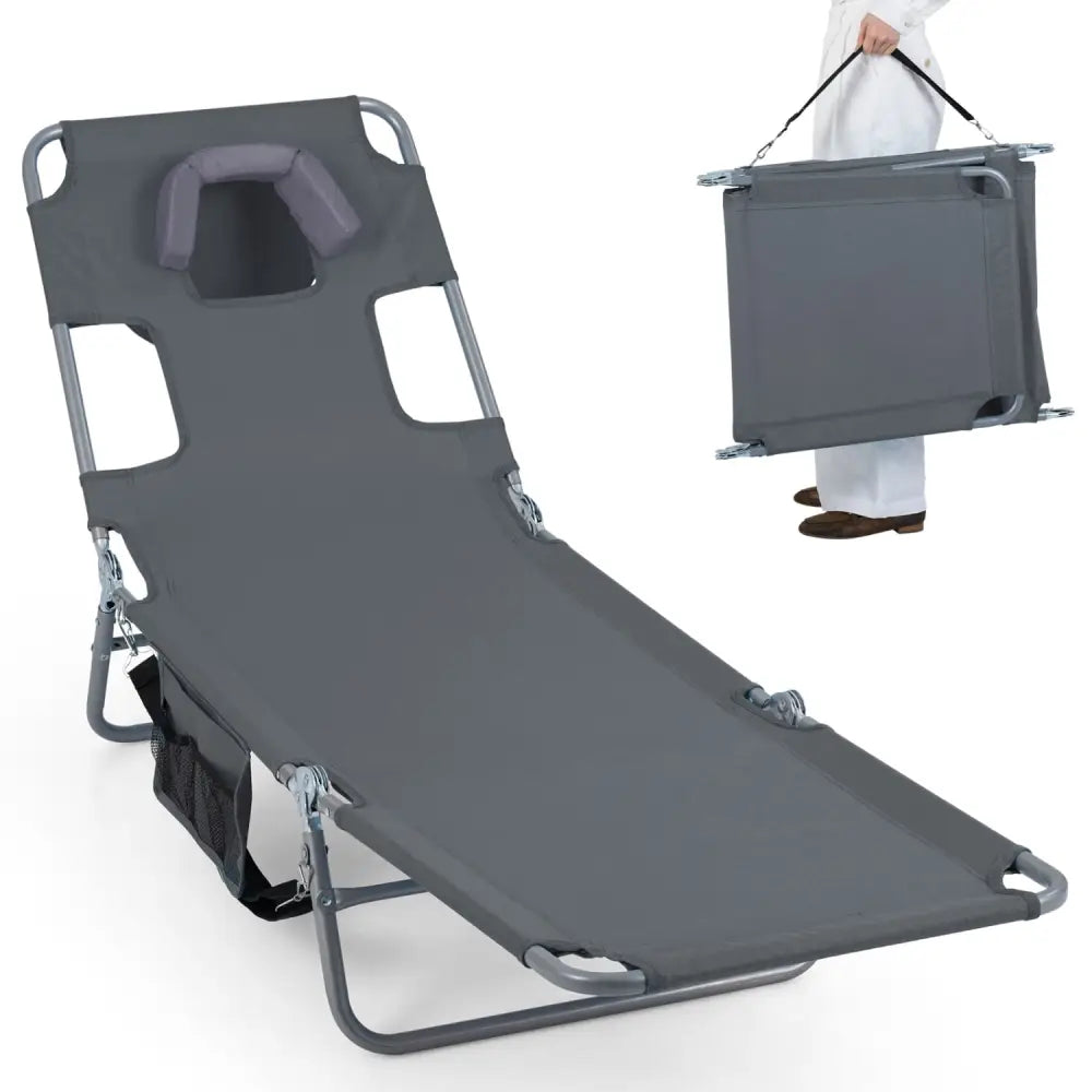 Folding Beach Lounge Chair with Adjustable Backrest for Lawn-Gray - Gray - Beach & Lawn Chairs