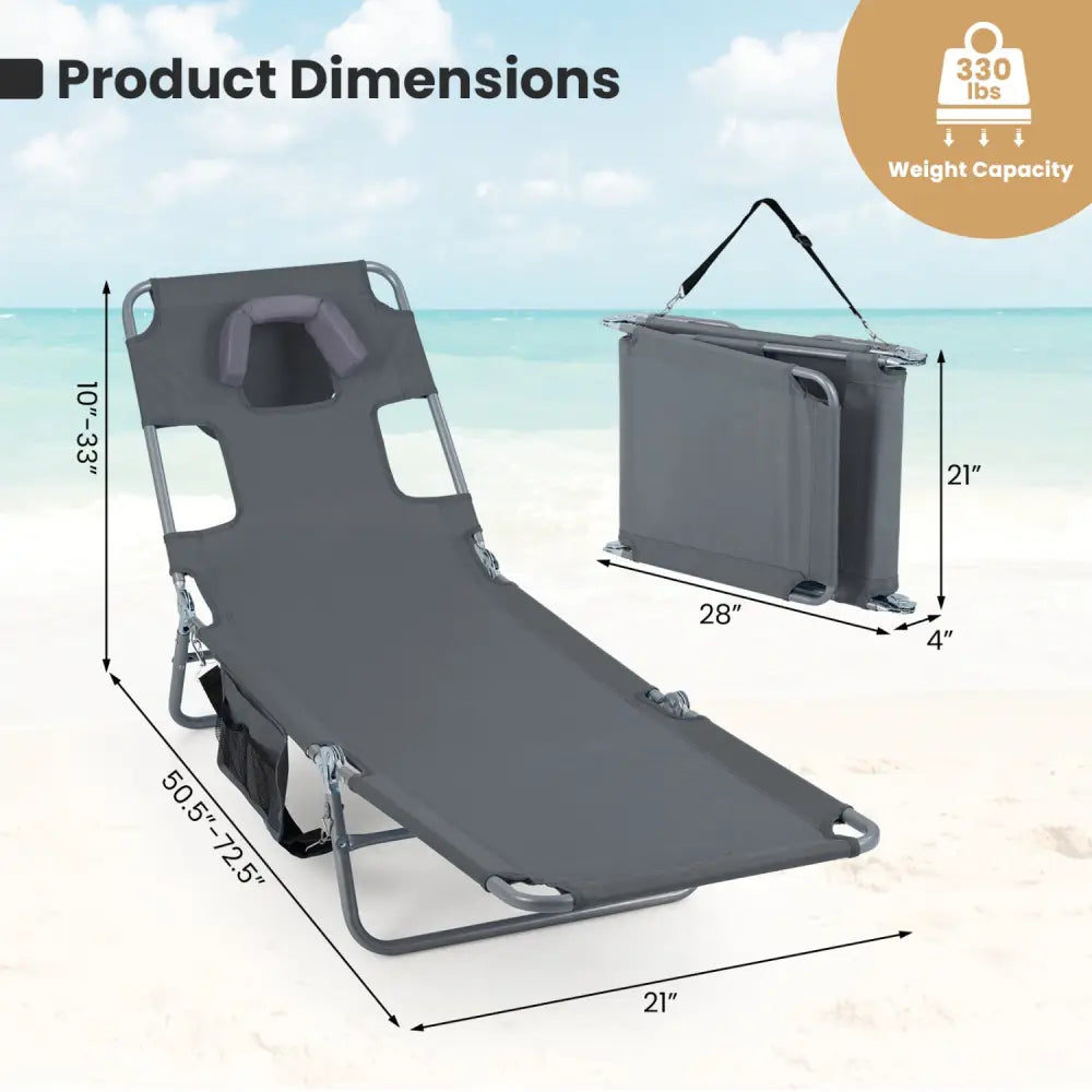 Folding Beach Lounge Chair with Adjustable Backrest for Lawn-Gray - Gray - Beach & Lawn Chairs