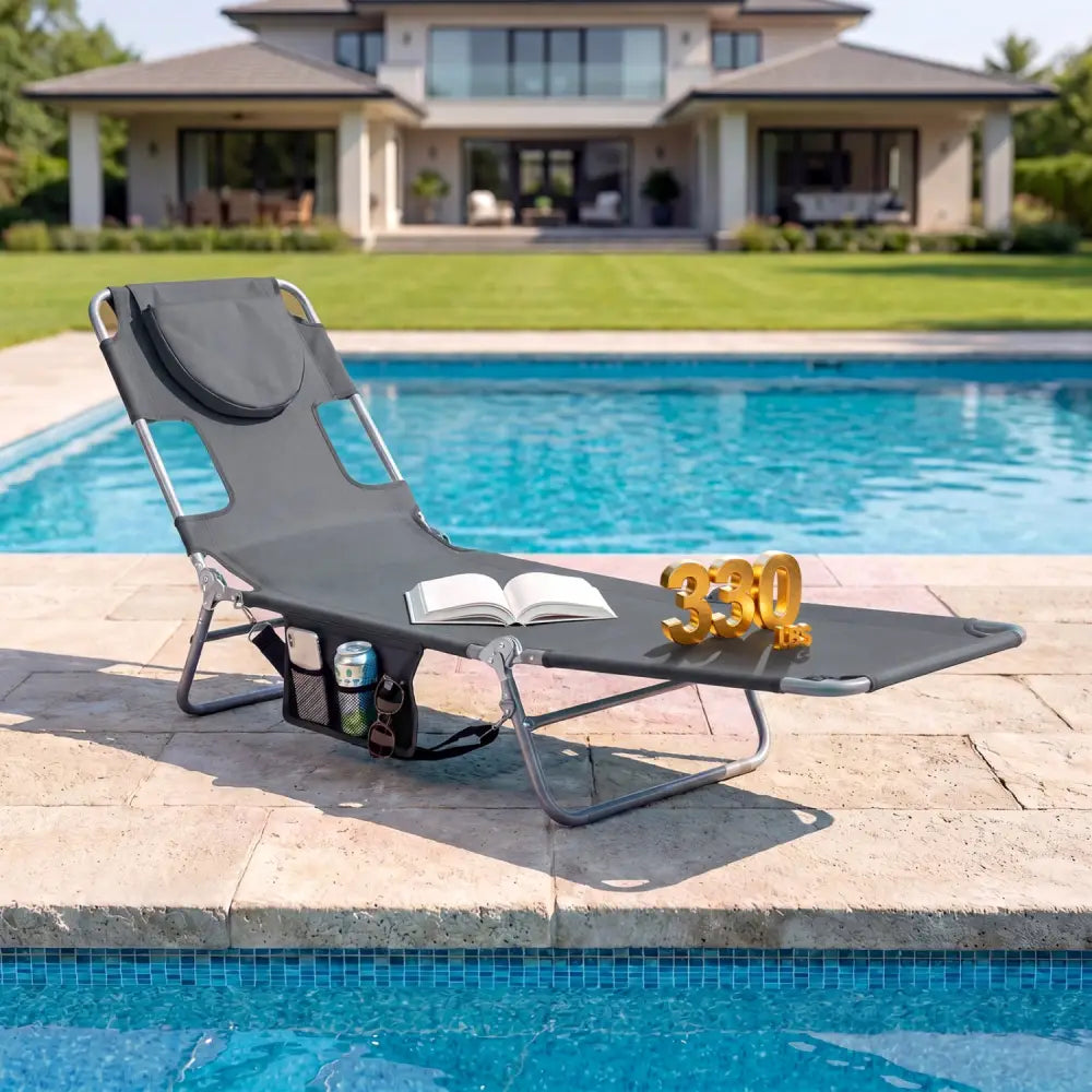 Folding Beach Lounge Chair with Adjustable Backrest for Lawn-Gray - Gray - Beach & Lawn Chairs