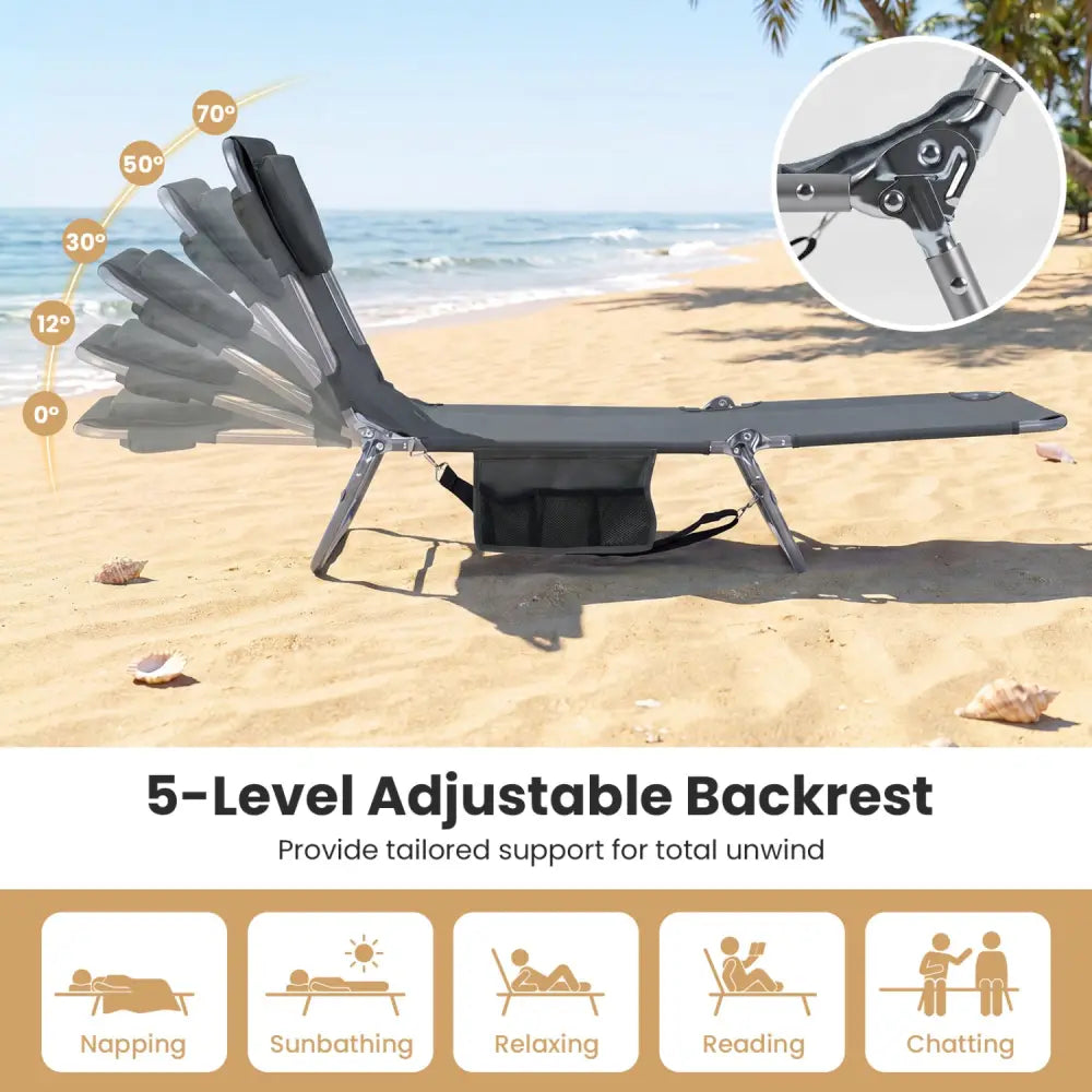 Folding Beach Lounge Chair with Adjustable Backrest for Lawn-Gray - Gray - Beach & Lawn Chairs