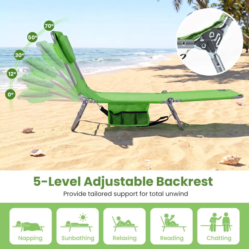 Folding Beach Lounge Chair with Adjustable Backrest for Lawn-Green - Green - Beach & Lawn Chairs