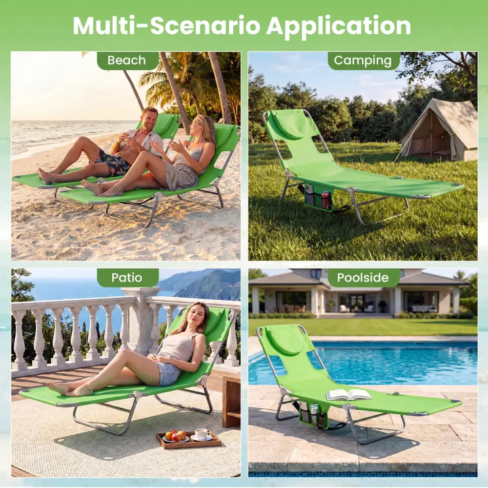 Folding Beach Lounge Chair with Adjustable Backrest for Lawn-Green - Green - Beach & Lawn Chairs