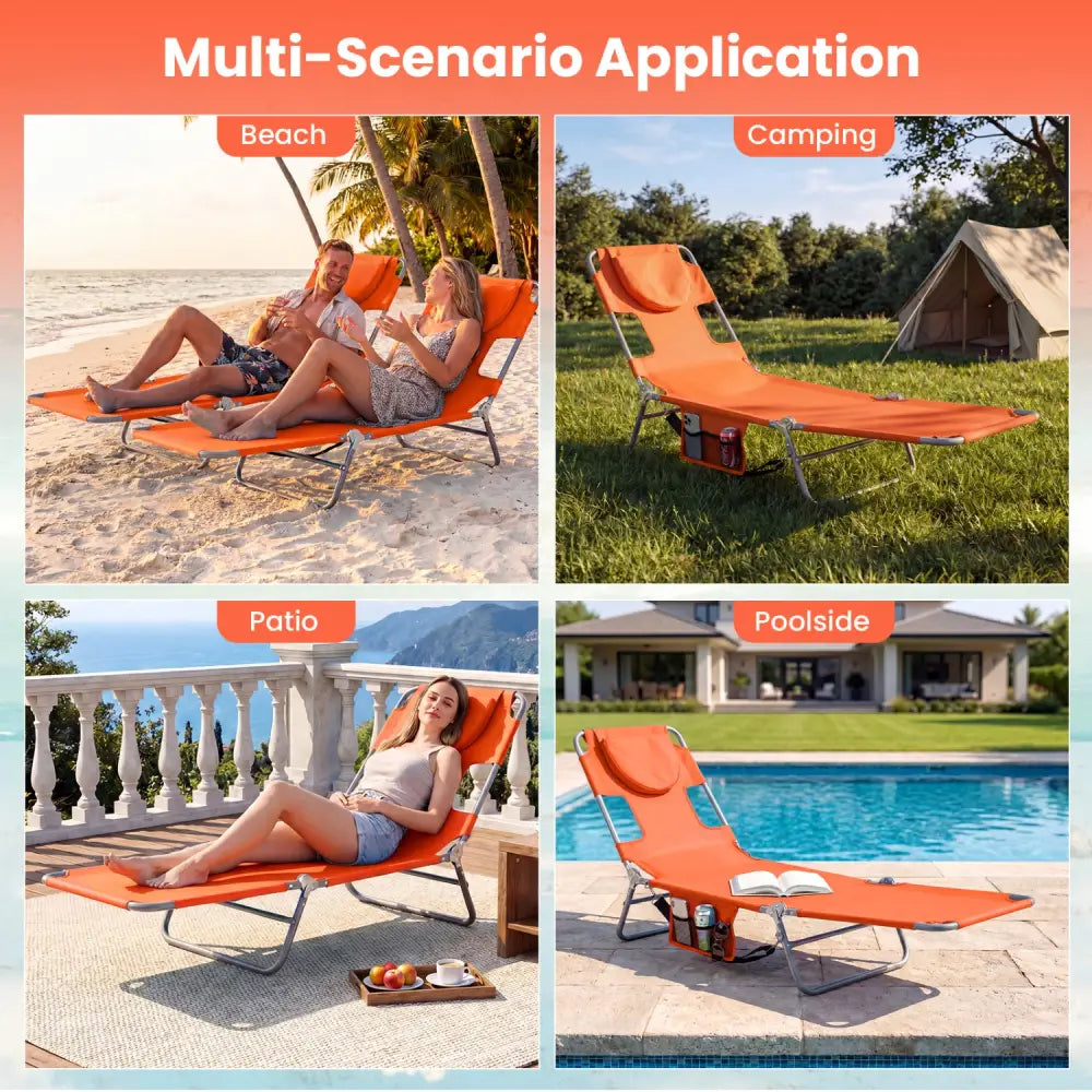 Folding Beach Lounge Chair with Adjustable Backrest for Lawn-Orange - Orange - Beach & Lawn Chairs