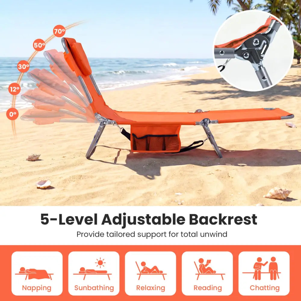 Folding Beach Lounge Chair with Adjustable Backrest for Lawn-Orange - Orange - Beach & Lawn Chairs