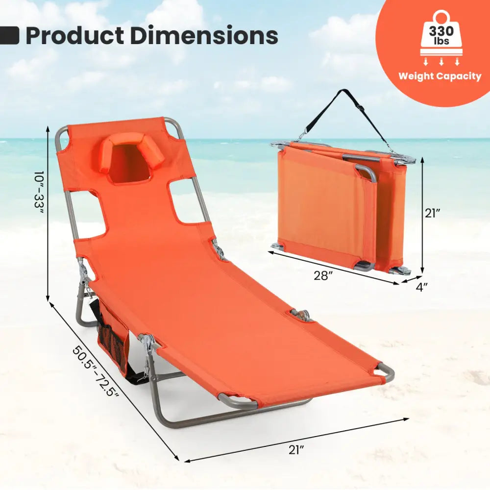 Folding Beach Lounge Chair with Adjustable Backrest for Lawn-Orange - Orange - Beach & Lawn Chairs