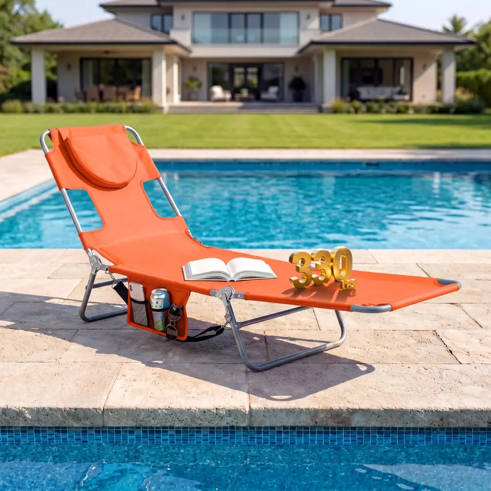 Folding Beach Lounge Chair with Adjustable Backrest for Lawn-Orange - Orange - Beach & Lawn Chairs