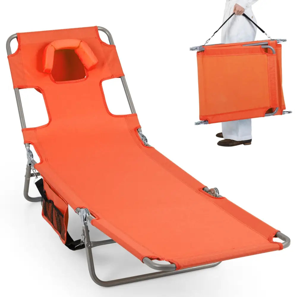 Folding Beach Lounge Chair with Adjustable Backrest for Lawn-Orange - Orange - Beach & Lawn Chairs