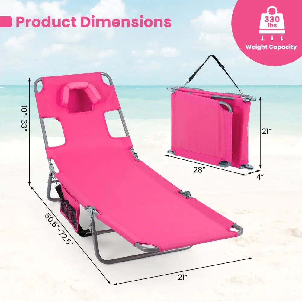 Folding Beach Lounge Chair with Adjustable Backrest for Lawn-Pink - Pink - Beach & Lawn Chairs