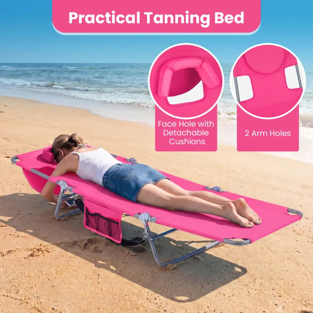 Folding Beach Lounge Chair with Adjustable Backrest for Lawn-Pink - Pink - Beach & Lawn Chairs