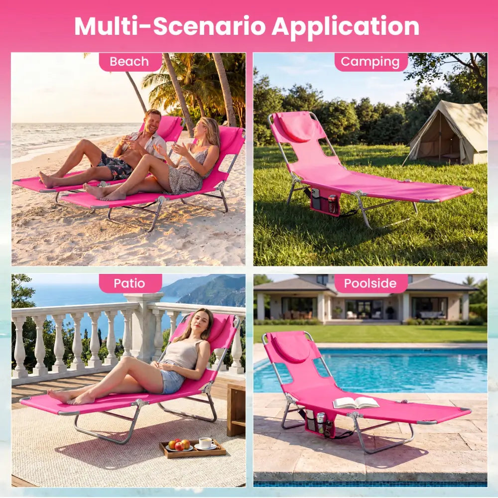 Folding Beach Lounge Chair with Adjustable Backrest for Lawn-Pink - Pink - Beach & Lawn Chairs