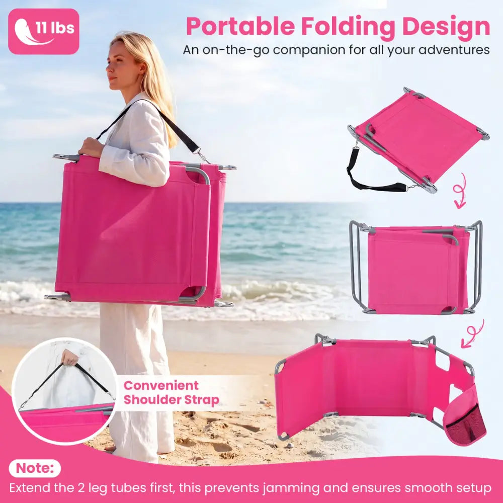 Folding Beach Lounge Chair with Adjustable Backrest for Lawn-Pink - Pink - Beach & Lawn Chairs