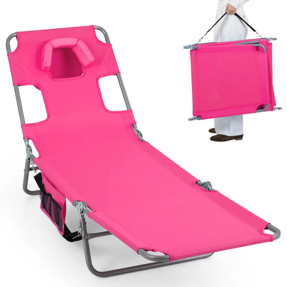 Folding Beach Lounge Chair with Adjustable Backrest for Lawn-Pink - Pink - Beach & Lawn Chairs