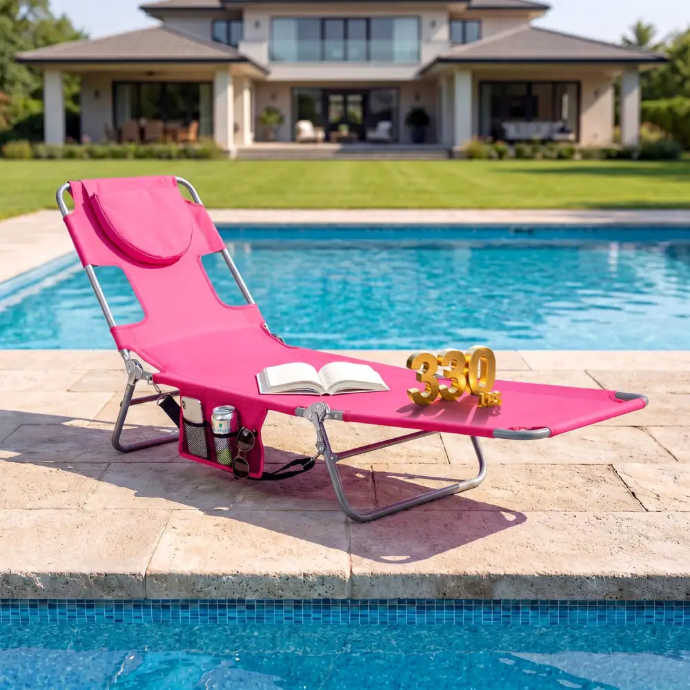 Folding Beach Lounge Chair with Adjustable Backrest for Lawn-Pink - Pink - Beach & Lawn Chairs