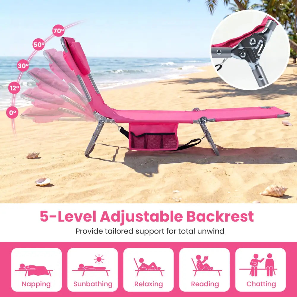 Folding Beach Lounge Chair with Adjustable Backrest for Lawn-Pink - Pink - Beach & Lawn Chairs