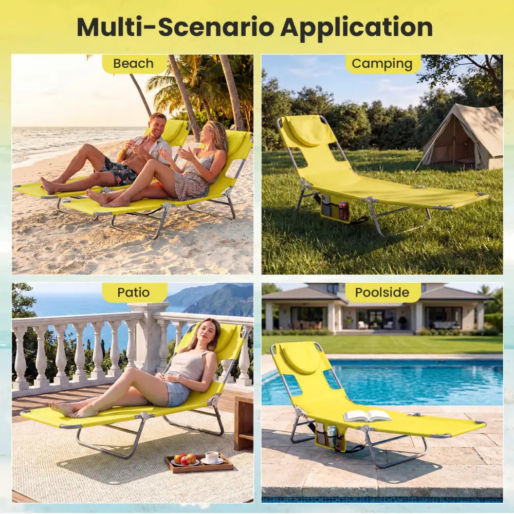 Folding Beach Lounge Chair with Adjustable Backrest for Lawn-Yellow - Yellow - Beach & Lawn Chairs