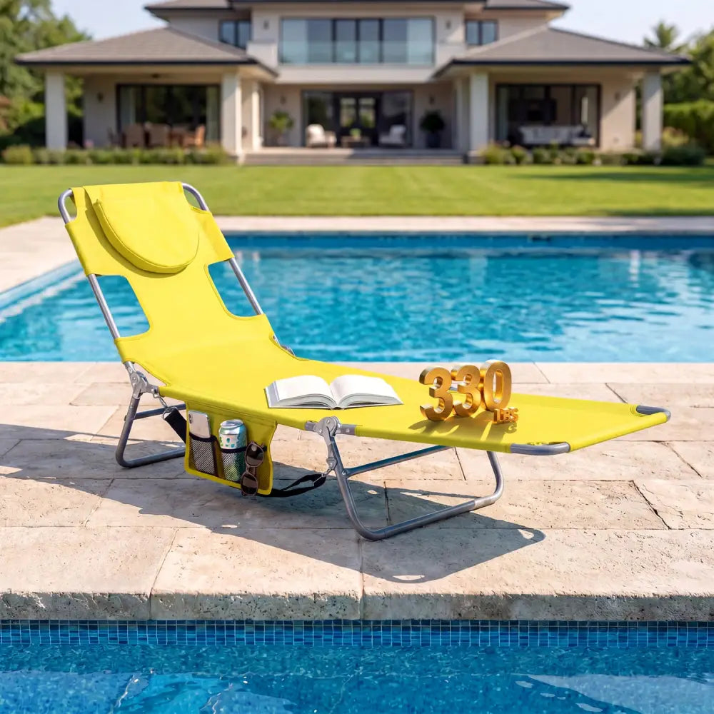 Folding Beach Lounge Chair with Adjustable Backrest for Lawn-Yellow - Yellow - Beach & Lawn Chairs