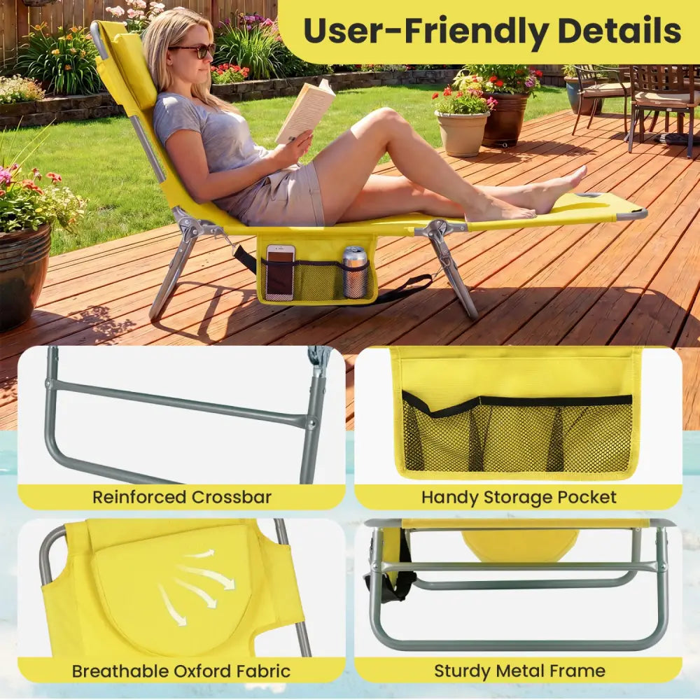 Folding Beach Lounge Chair with Adjustable Backrest for Lawn-Yellow - Yellow - Beach & Lawn Chairs