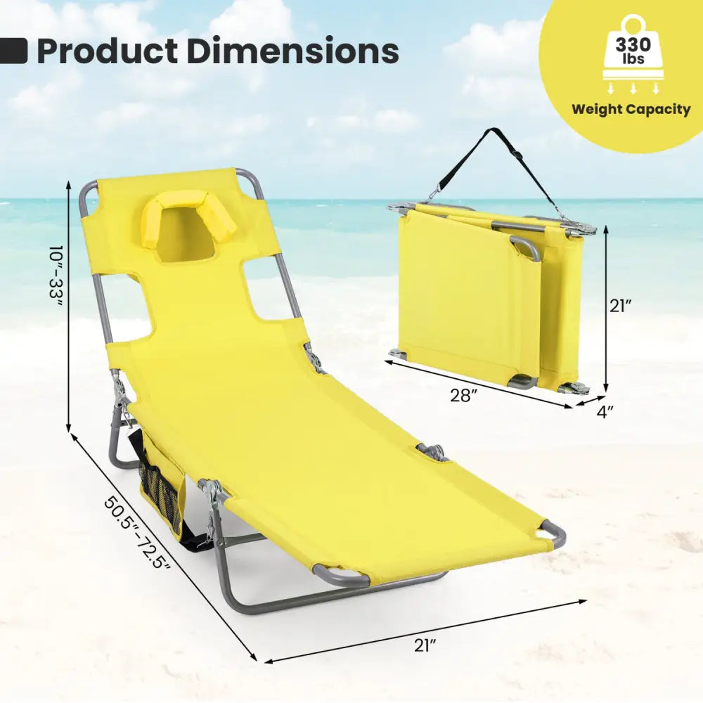 Folding Beach Lounge Chair with Adjustable Backrest for Lawn-Yellow - Yellow - Beach & Lawn Chairs