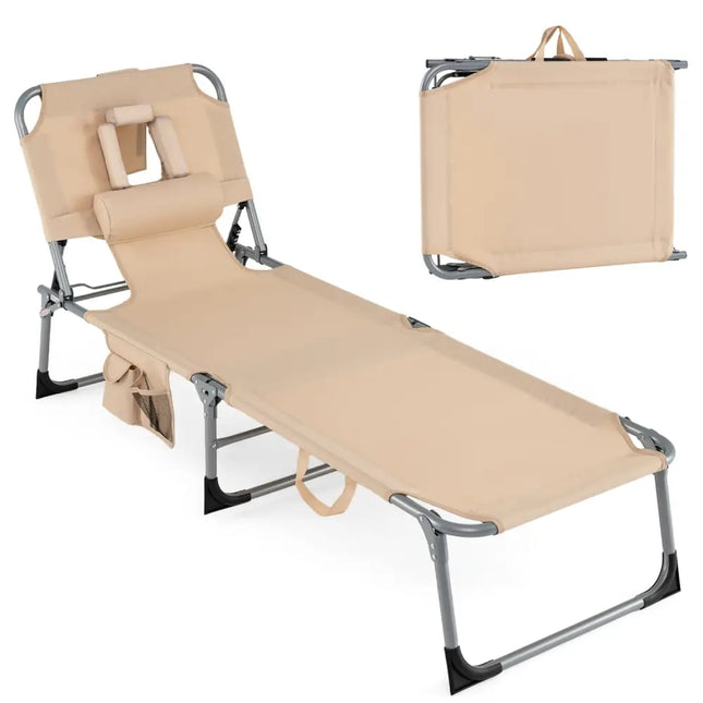 Folding Beach Lounge Chair with Pillow for Outdoor-Beige - Beige - Outdoor Chaise Lounges