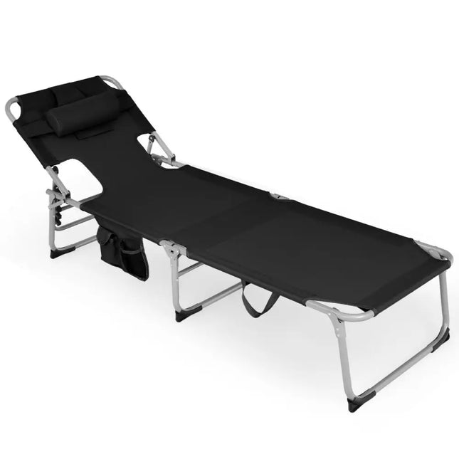 Folding Beach Lounge Chair with Pillow for Outdoor-Black - Black - Outdoor Chaise Lounges