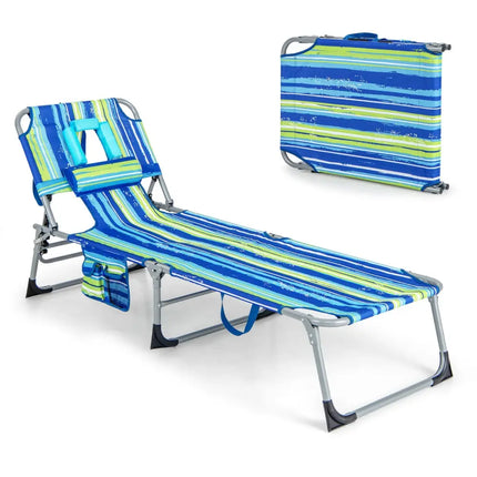 Folding Beach Lounge Chair with Pillow for Outdoor-Blue & Green - Blue & Green - Outdoor Chaise Lounges