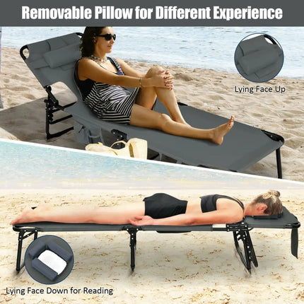 Folding Beach Lounge Chair with Pillow for Outdoor - Gray - Oasis Home Essentials