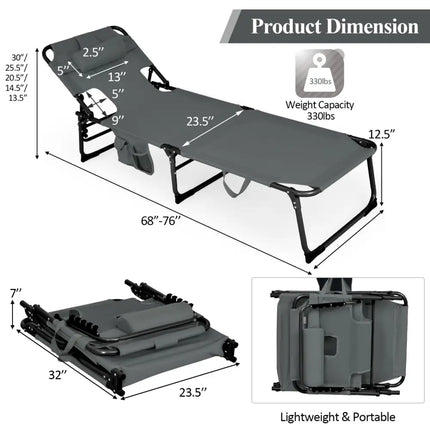 Folding Beach Lounge Chair with Pillow for Outdoor - Gray - Oasis Home Essentials