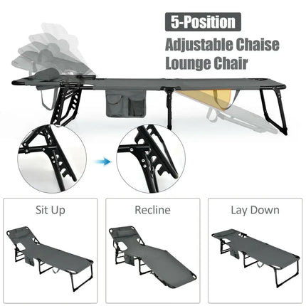 Folding Beach Lounge Chair with Pillow for Outdoor - Gray - Oasis Home Essentials